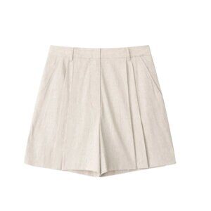 STAUD Cruz Linen Pleated Bermuda Shorts Womens 8 Natural Tan High Rise Beige
